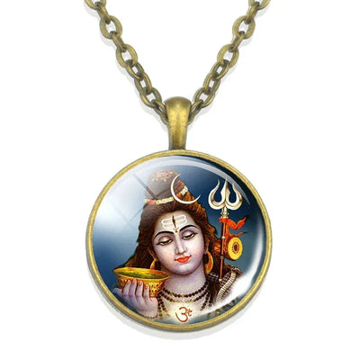 Lakshmi Goddess Pattern Bronze Retro Pendant Necklace Hinduism God Ganesh Glass Cabochon Jewelry Necklace Amulet Gift
