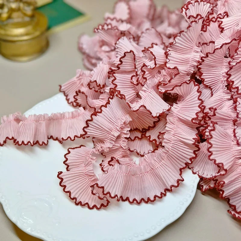 4M/lot 3cm Wine red/pink/Beige Chiffon Pleated Lace Dog Tooth Ruffle Lace Trimming for Dress Pet Cloth Home Decoration X1496