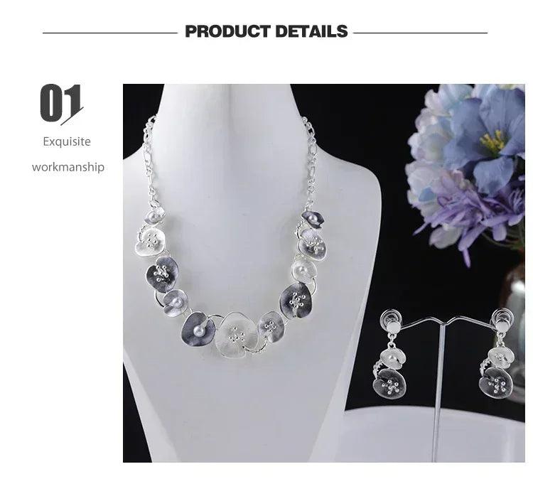 Meicem women silver plated pendant original design chain leaf necklace drop female luxury necklaces set for wedding