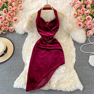 2025 New Wine Red Velvet Dress Women Halter Asymmetric Hem Vintage Gala evening Party Sexy Gown