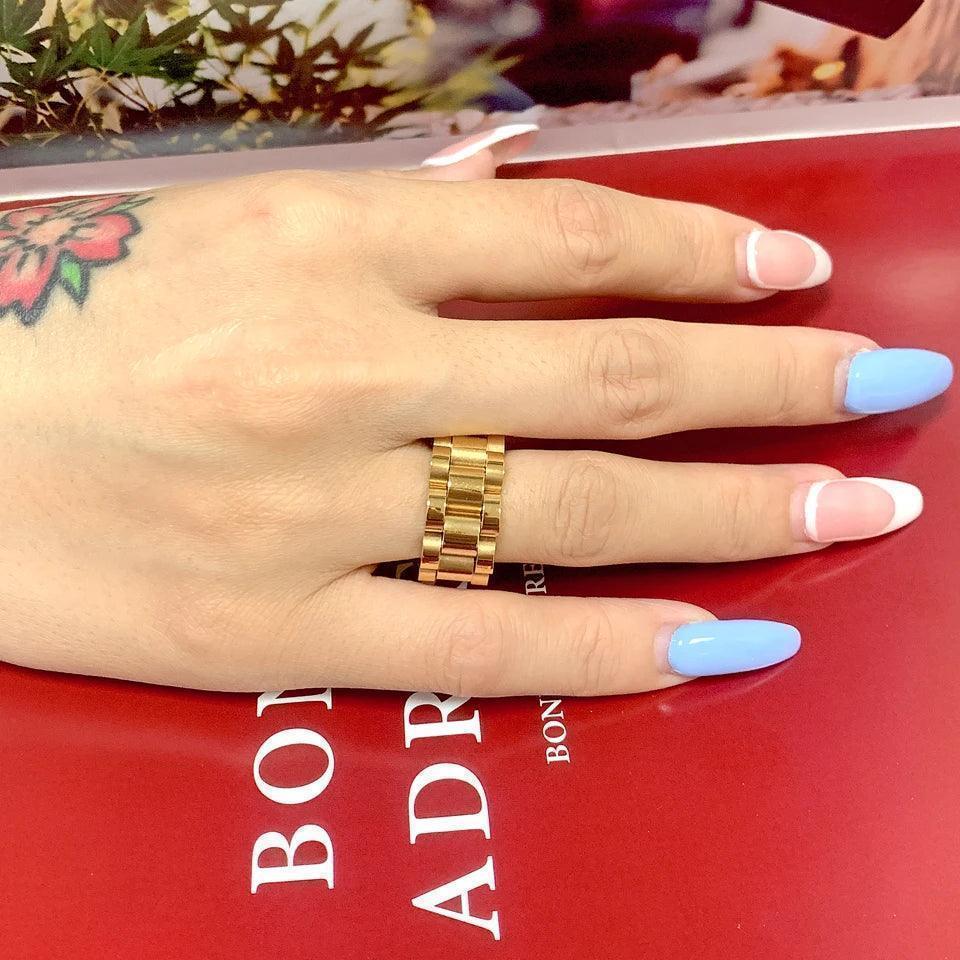 Luxury never fade 18k gold plated bold wide thick ring for women chunky link chain stainless steel strap finger rings