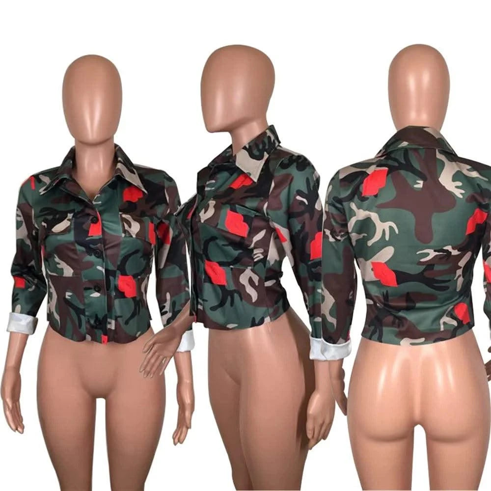 Camouflage Bomber Jacket Women Fashion Single-breasted Long Sleeve