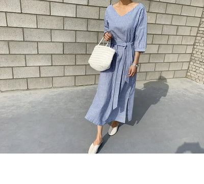 2021 Summer Striped Cotton Linen Long Dress Women Fashion Loose Vestidos Vintage V-neck Half Sleeve Dress for Women Loose