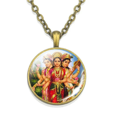 Lakshmi Goddess Pattern Bronze Retro Pendant Necklace Hinduism God Ganesh Glass Cabochon Jewelry Necklace Amulet Gift