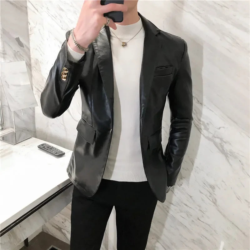 Blazer Hombre PU Leather Jackets Men Fashion Solid Slim Fit One Button Business Casual Blazers For Men Korean style Suit Jacket