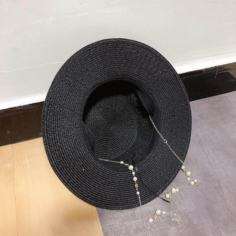 New women summer hats straw sun hat panama elegant fedoras lady girl outdoor vacation with pearl chain sunshade beach