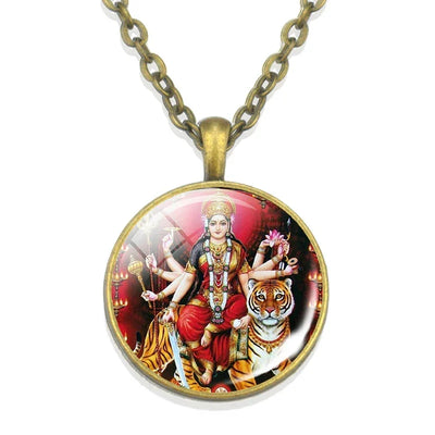 Lakshmi Goddess Pattern Bronze Retro Pendant Necklace Hinduism God Ganesh Glass Cabochon Jewelry Necklace Amulet Gift