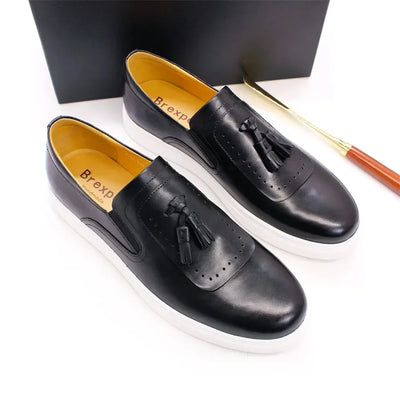 Leather casual shoes tassel high-end handmade men's shoes comfortable round toe flat shoes office banquet men's loafers