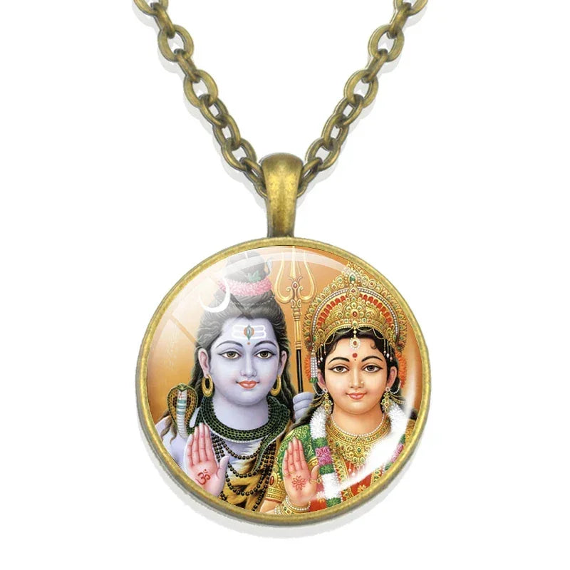 Lakshmi Goddess Pattern Bronze Retro Pendant Necklace Hinduism God Ganesh Glass Cabochon Jewelry Necklace Amulet Gift