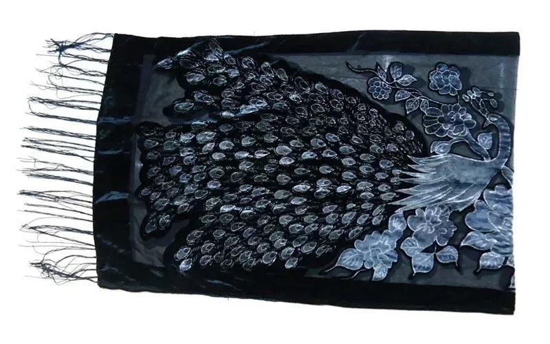 Fashion black peacock velvet scarf women shawl ponchos bandanas