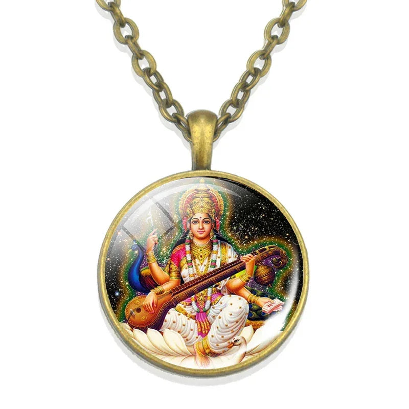 Lakshmi Goddess Pattern Bronze Retro Pendant Necklace Hinduism God Ganesh Glass Cabochon Jewelry Necklace Amulet Gift