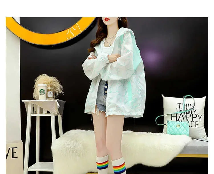 Summer Thin Sunscreen Jacket Women New Kawaii Bear Print Coats Female Casual Korean Loose Zipper Windbreaker