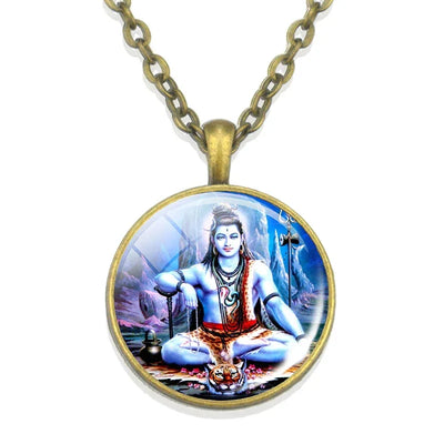 Lakshmi Goddess Pattern Bronze Retro Pendant Necklace Hinduism God Ganesh Glass Cabochon Jewelry Necklace Amulet Gift