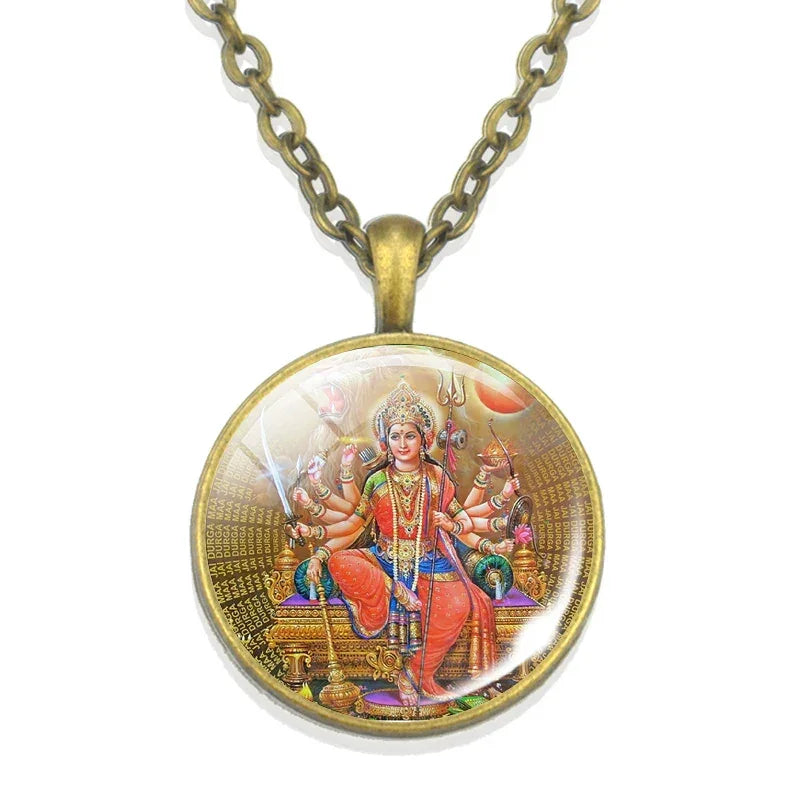 Lakshmi Goddess Pattern Bronze Retro Pendant Necklace Hinduism God Ganesh Glass Cabochon Jewelry Necklace Amulet Gift