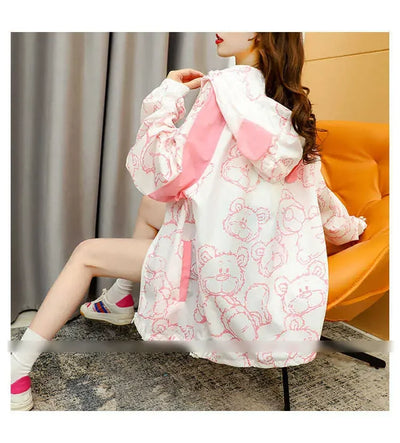 Summer Thin Sunscreen Jacket Women New Kawaii Bear Print Coats Female Casual Korean Loose Zipper Windbreaker