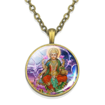 Lakshmi Goddess Pattern Bronze Retro Pendant Necklace Hinduism God Ganesh Glass Cabochon Jewelry Necklace Amulet Gift