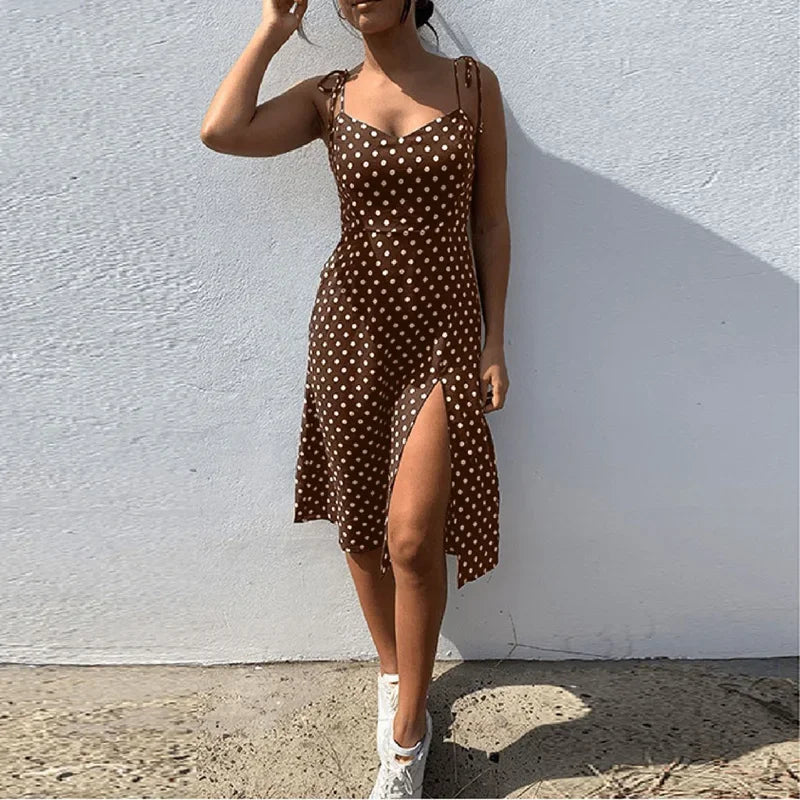 Dresses Sundress Summer Women Causal Polka Dot Sleeveless High Pleated elastic waist V-Neck Beach Dress Vestidos De Verano