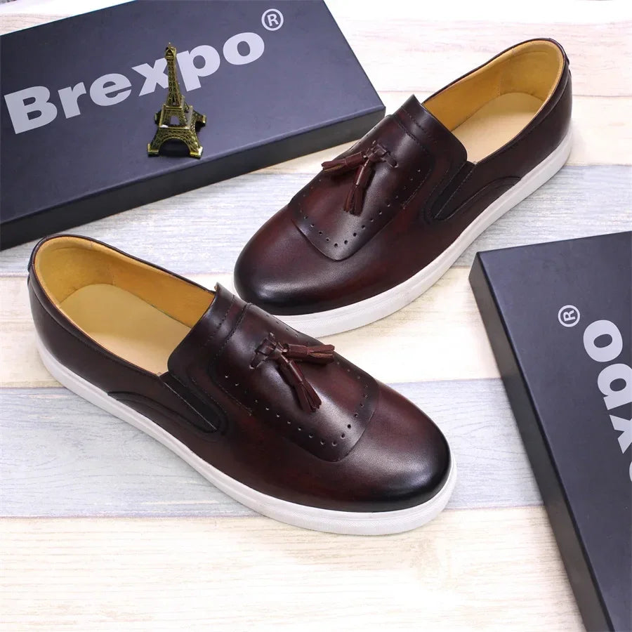 Leather casual shoes tassel high-end handmade men's shoes comfortable round toe flat shoes office banquet men's loafers