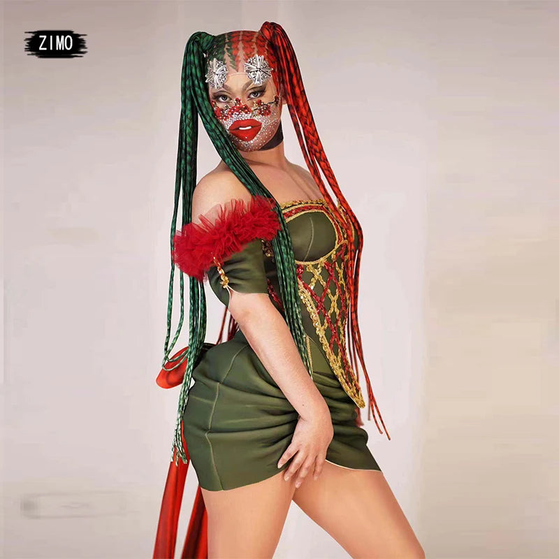 Christmas outfits Red green headwear dress sequin for Women Off Shoulder drag queen Costume with tail performance party stage