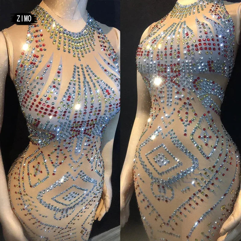 WOMEN Birthday wedding party for women mesh nightclub Singer glitter Rhinestone dress sexy Dance Prom Celebrate designer clothes