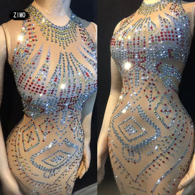 WOMEN Birthday wedding party for women mesh nightclub Singer glitter Rhinestone dress sexy Dance Prom Celebrate designer clothes