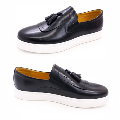 Leather casual shoes tassel high-end handmade men's shoes comfortable round toe flat shoes office banquet men's loafers
