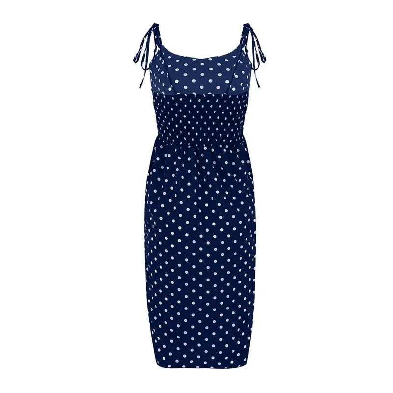 Dresses Sundress Summer Women Causal Polka Dot Sleeveless High Pleated elastic waist V-Neck Beach Dress Vestidos De Verano
