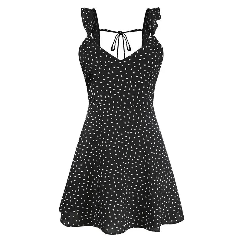 Women Dresses Summer Sexy Dress Ladies High Waist Dot Printing Mini Dresses Vestidos Back Lacing Straps Backless Dress