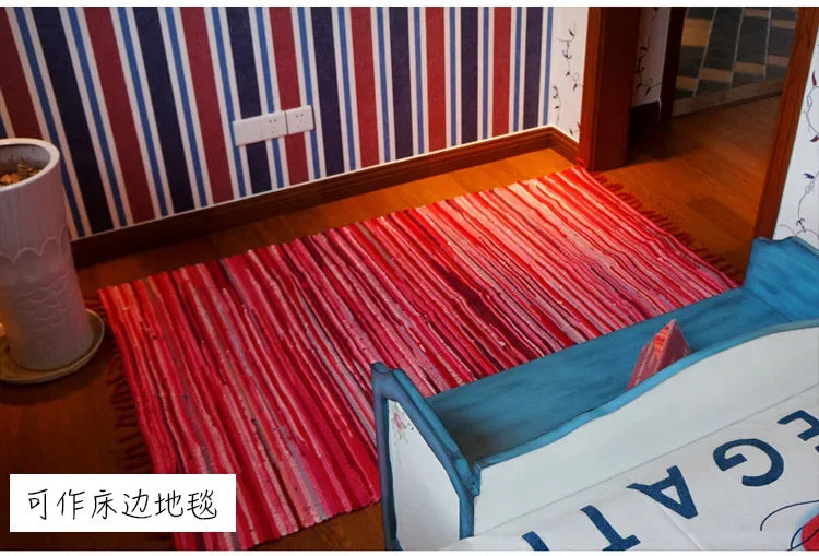 Cotton Cloth Retro Handmade Tassel Rug and Carpet for Home Living Room Tapestry Absorbent Floor Area Mat for Kitchen Boho Decor