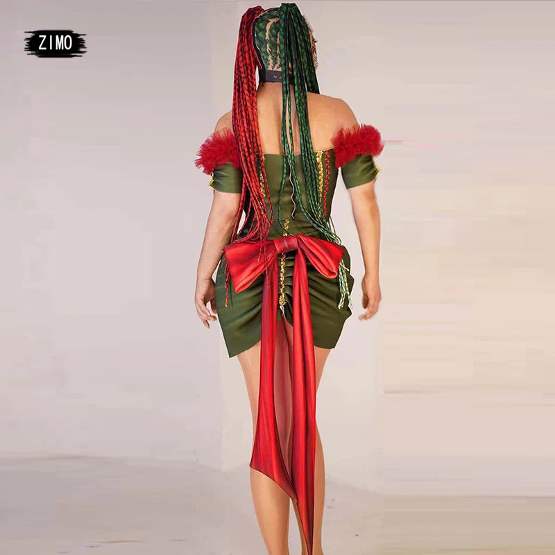 Christmas outfits Red green headwear dress sequin for Women Off Shoulder drag queen Costume with tail performance party stage