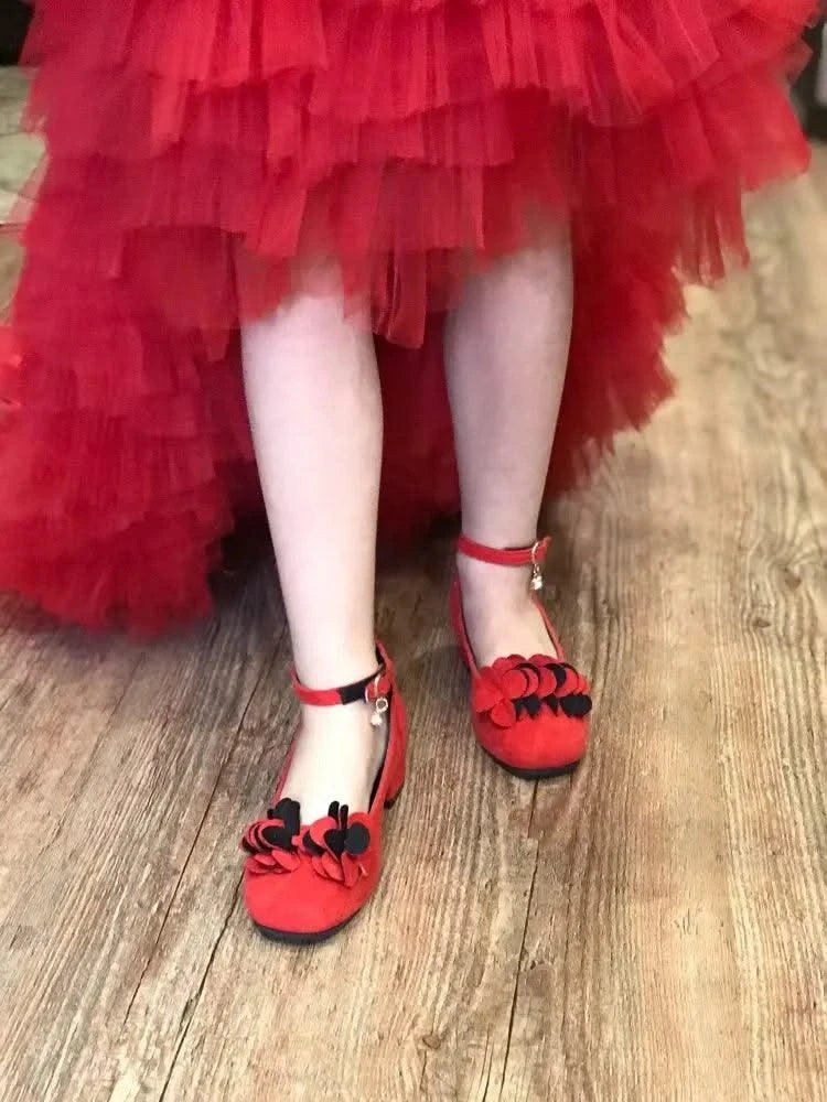 Kids Velvet Black, Pink, Red Leather High Heeled Shoes 3-15T | Girl's Princess Shoes For Party, Wedding, Dance | Children's Fashion