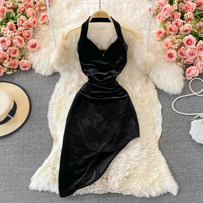 2025 New Wine Red Velvet Dress Women Halter Asymmetric Hem Vintage Gala evening Party Sexy Gown