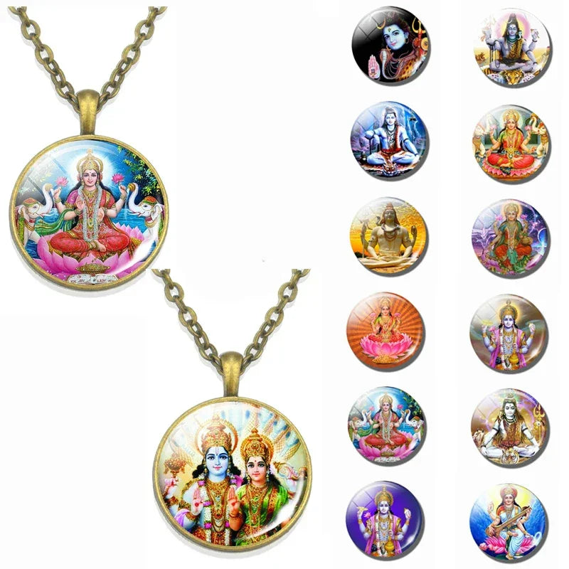 Lakshmi Goddess Pattern Bronze Retro Pendant Necklace Hinduism God Ganesh Glass Cabochon Jewelry Necklace Amulet Gift