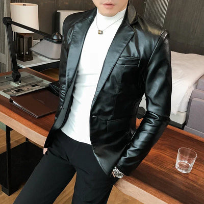 Blazer Hombre PU Leather Jackets Men Fashion Solid Slim Fit One Button Business Casual Blazers For Men Korean style Suit Jacket