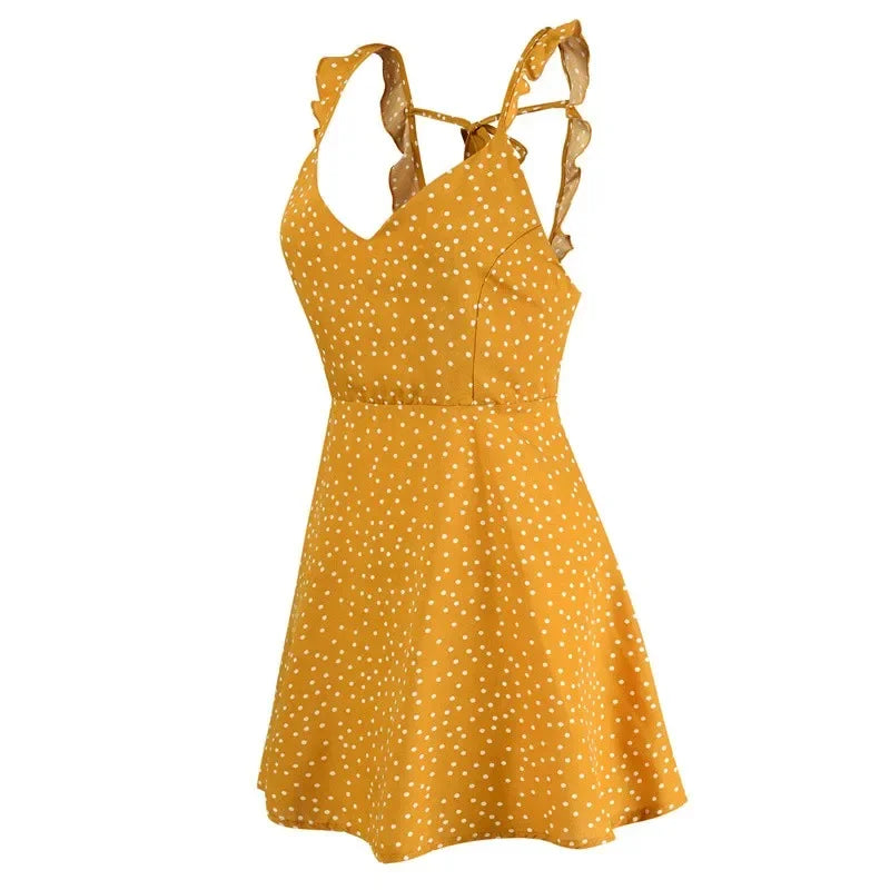 Women Dresses Summer Sexy Dress Ladies High Waist Dot Printing Mini Dresses Vestidos Back Lacing Straps Backless Dress