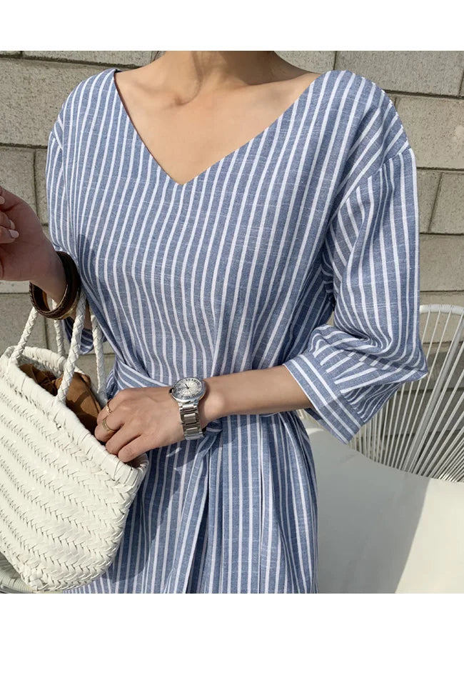 2021 Summer Striped Cotton Linen Long Dress Women Fashion Loose Vestidos Vintage V-neck Half Sleeve Dress for Women Loose