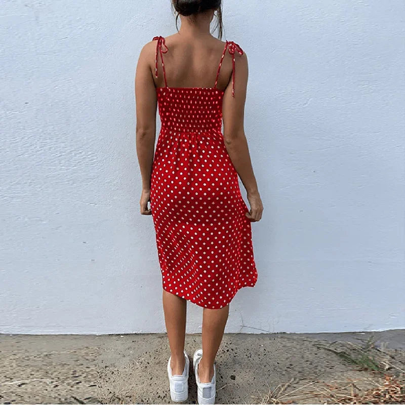 Dresses Sundress Summer Women Causal Polka Dot Sleeveless High Pleated elastic waist V-Neck Beach Dress Vestidos De Verano