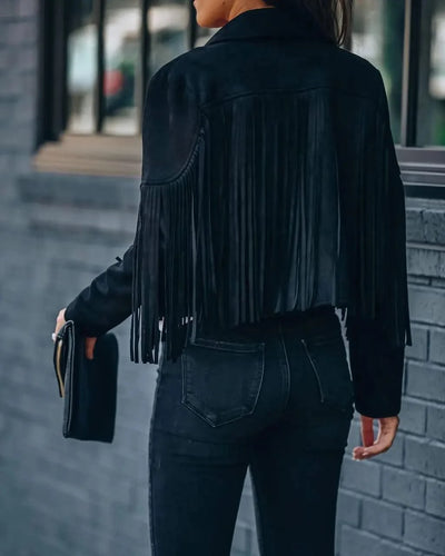 Fringed Bomber Jacket Women Long Sleeve Turn-down Collar
