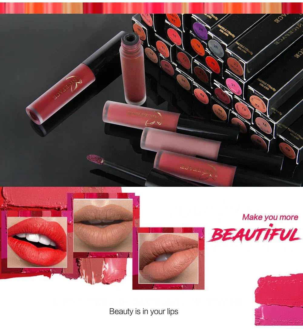 NICEFACE Matte Liquid Lipstick Waterproof Long Lasting Lip Gloss Tint Sexy Red Nude Purple Metallic Lipsticks Makeup Cosmetics