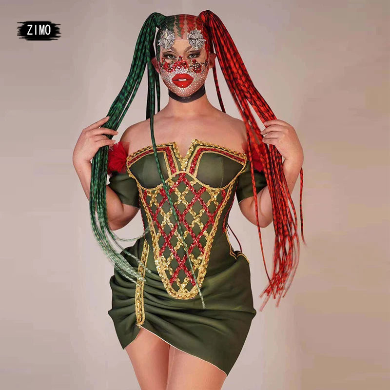 Christmas outfits Red green headwear dress sequin for Women Off Shoulder drag queen Costume with tail performance party stage