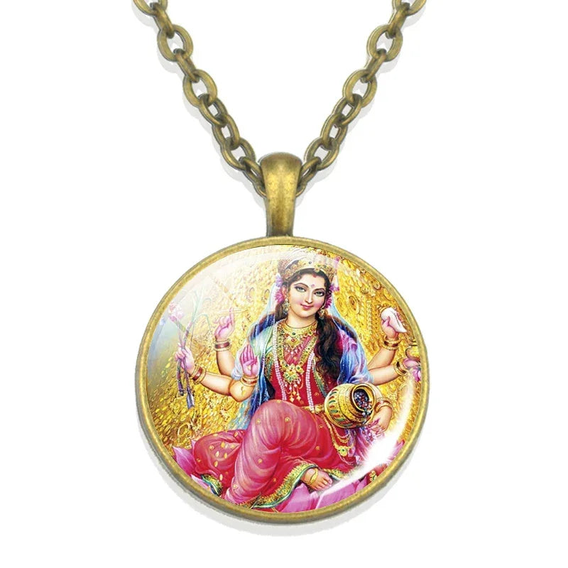 Lakshmi Goddess Pattern Bronze Retro Pendant Necklace Hinduism God Ganesh Glass Cabochon Jewelry Necklace Amulet Gift