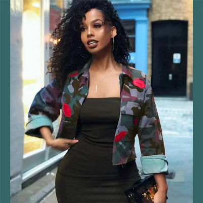 Camouflage Bomber Jacket Women Fashion Single-breasted Long Sleeve