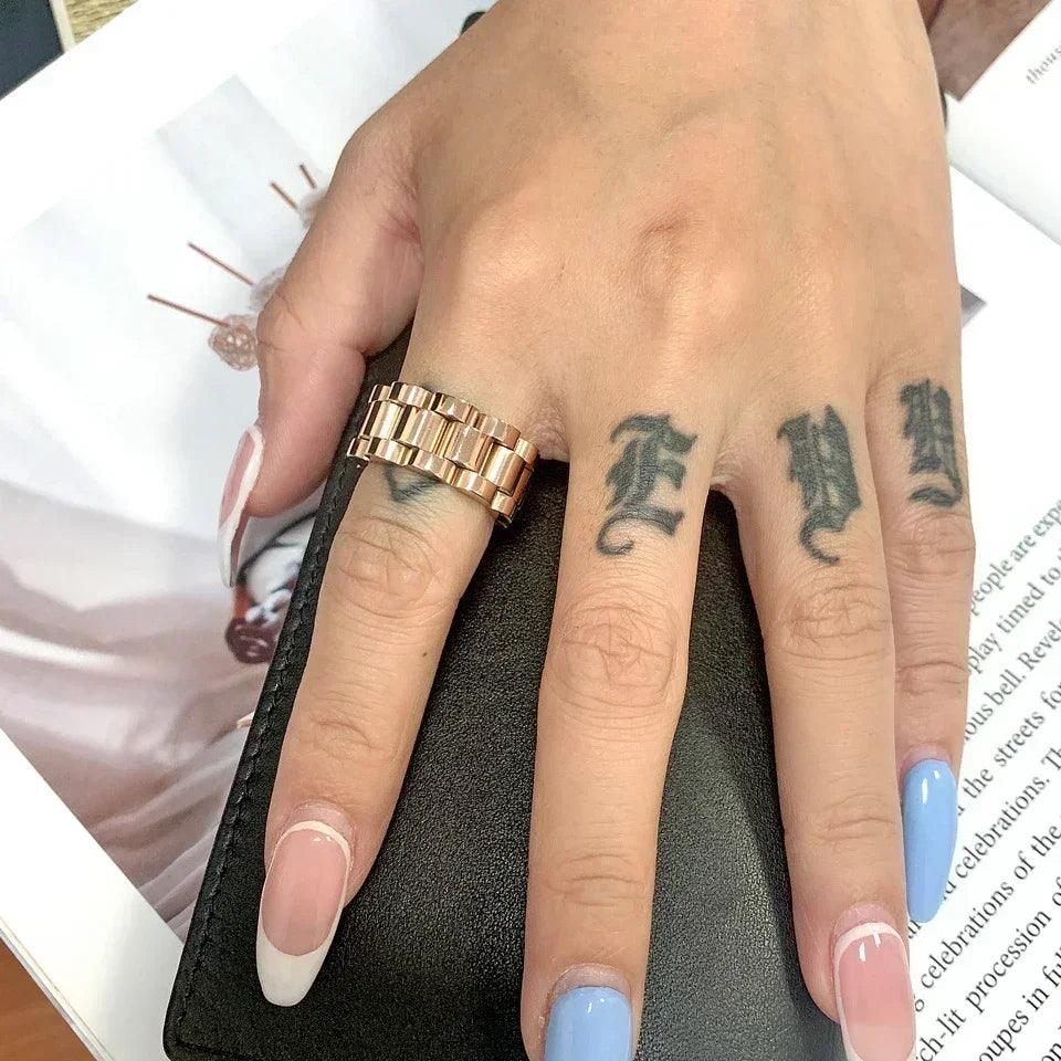 Luxury never fade 18k gold plated bold wide thick ring for women chunky link chain stainless steel strap finger rings