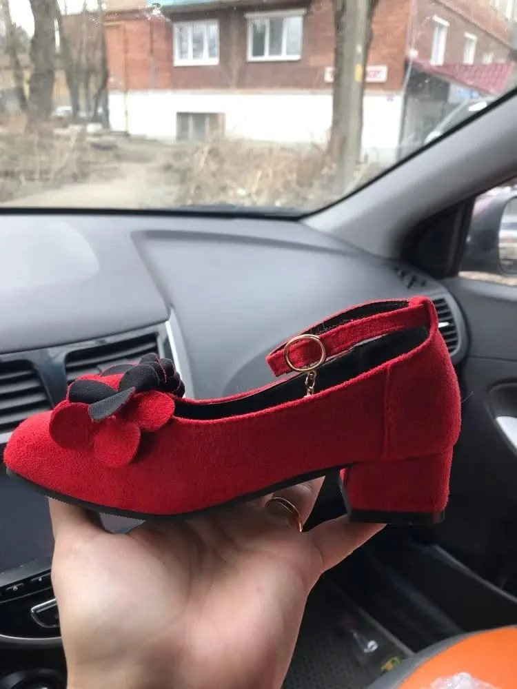 Kids Velvet Black, Pink, Red Leather High Heeled Shoes 3-15T | Girl's Princess Shoes For Party, Wedding, Dance | Children's Fashion