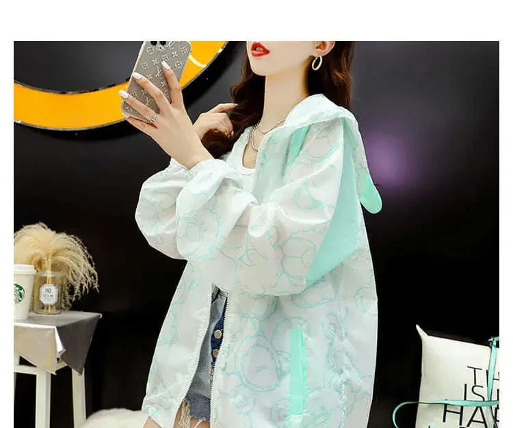 Summer Thin Sunscreen Jacket Women New Kawaii Bear Print Coats Female Casual Korean Loose Zipper Windbreaker