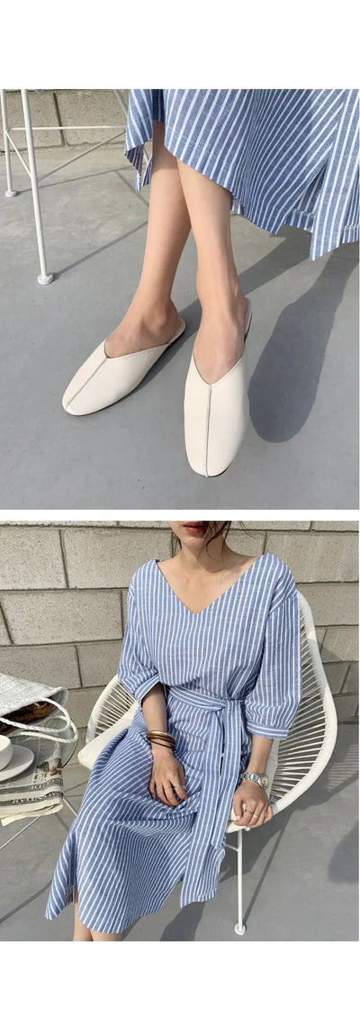 2021 Summer Striped Cotton Linen Long Dress Women Fashion Loose Vestidos Vintage V-neck Half Sleeve Dress for Women Loose