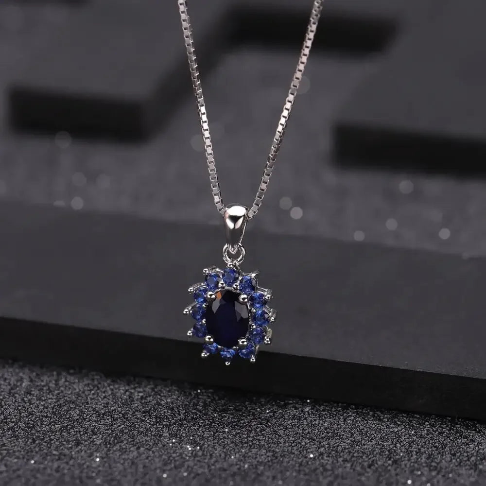GEM'S BALLET Princess Diana Natural Blue Sapphire Pendant Earrings Ring Set 925 Sterling Silver Design Jewelry Set for Women