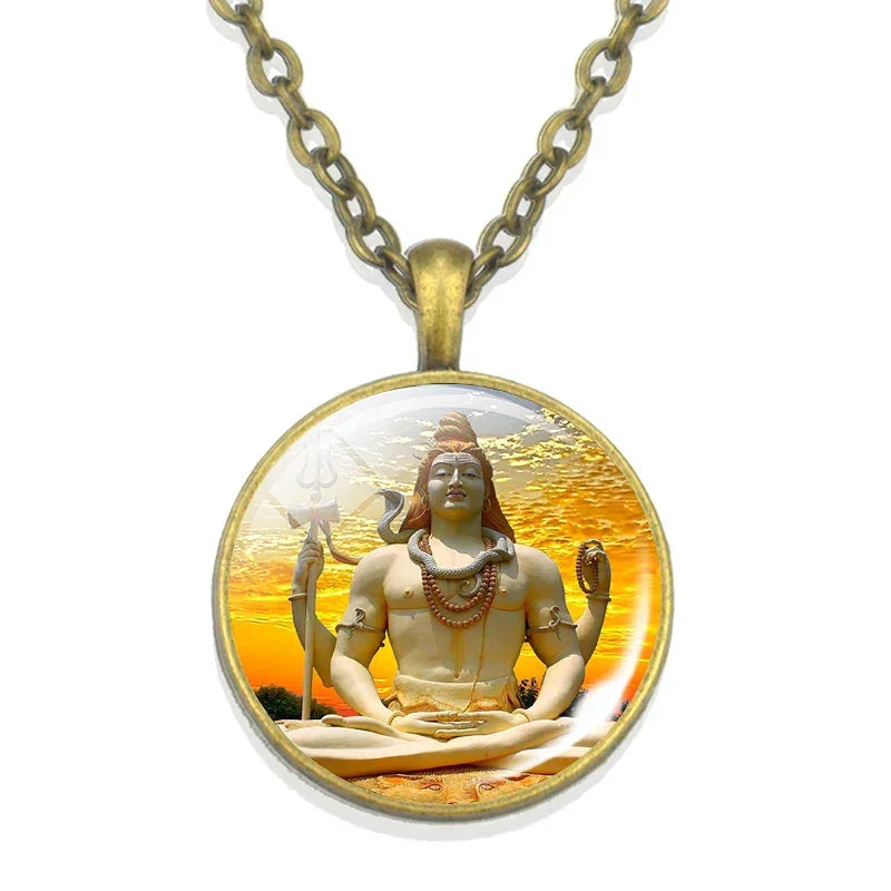 Lakshmi Goddess Pattern Bronze Retro Pendant Necklace Hinduism God Ganesh Glass Cabochon Jewelry Necklace Amulet Gift