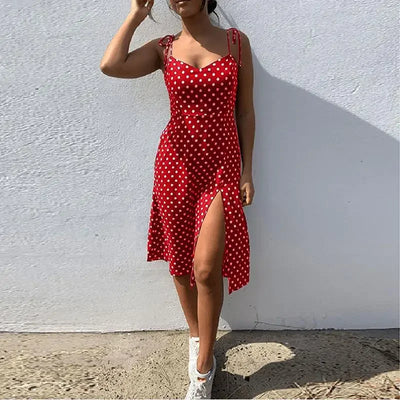 Dresses Sundress Summer Women Causal Polka Dot Sleeveless High Pleated elastic waist V-Neck Beach Dress Vestidos De Verano