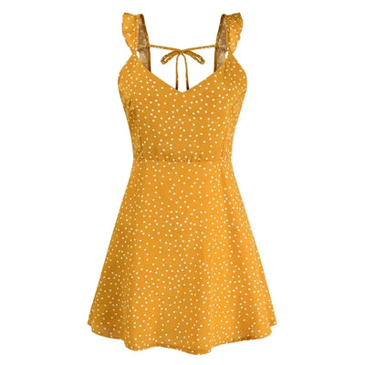 Women Dresses Summer Sexy Dress Ladies High Waist Dot Printing Mini Dresses Vestidos Back Lacing Straps Backless Dress